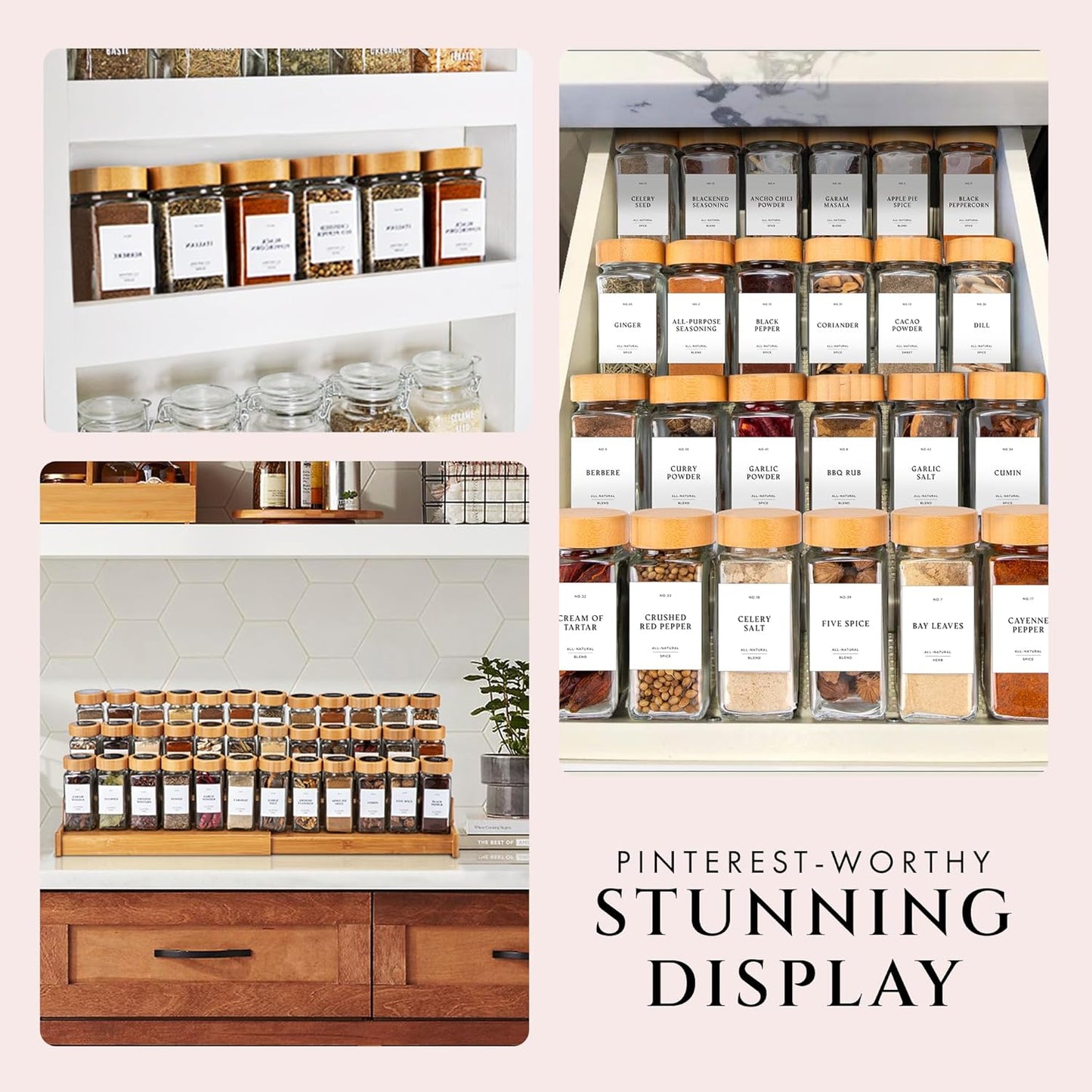 FINESSY Glass Spice Jars with Label with Bamboo Lids 36 Pack Set, 4oz Empty Clear Glass Spice Bottles with Shaker Lids, Airtight Kitchen Seasoning Organizer Jars, Herb Seasoning Containers with Labels