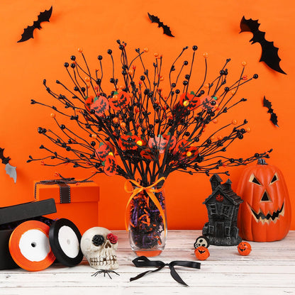 JUNEBRUSHS 6 Pcs Artificial Pumpkin Stems with Black Branches and 2 Roll Ribbons for Halloween Vase Bouquet Arrangement Wreath Table Centerpiece Home Party Decor