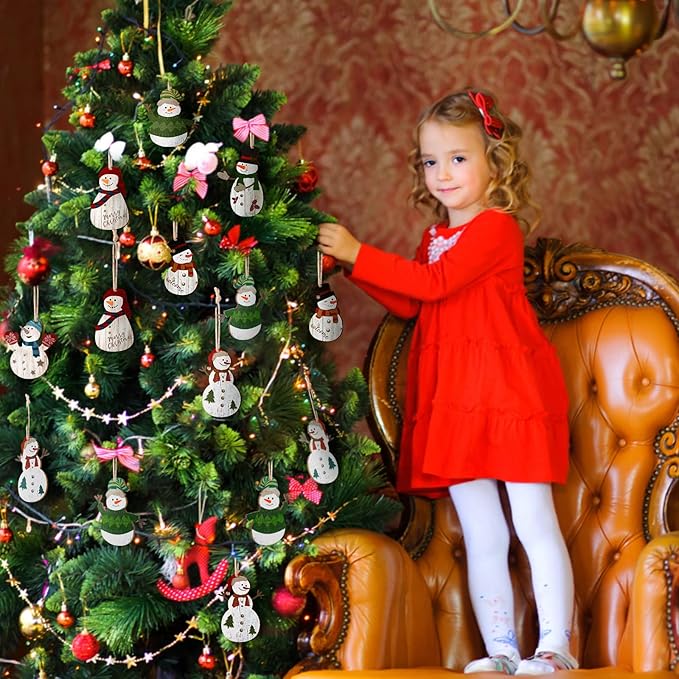 Weysat Snowman Christmas Tree Ornaments Decorations Christmas Tree Wooden Hanging Ornaments Winter Snowman Hanging Ornament with Lanyard for Xmas Holiday Party Favor Supplies(72 Pcs)