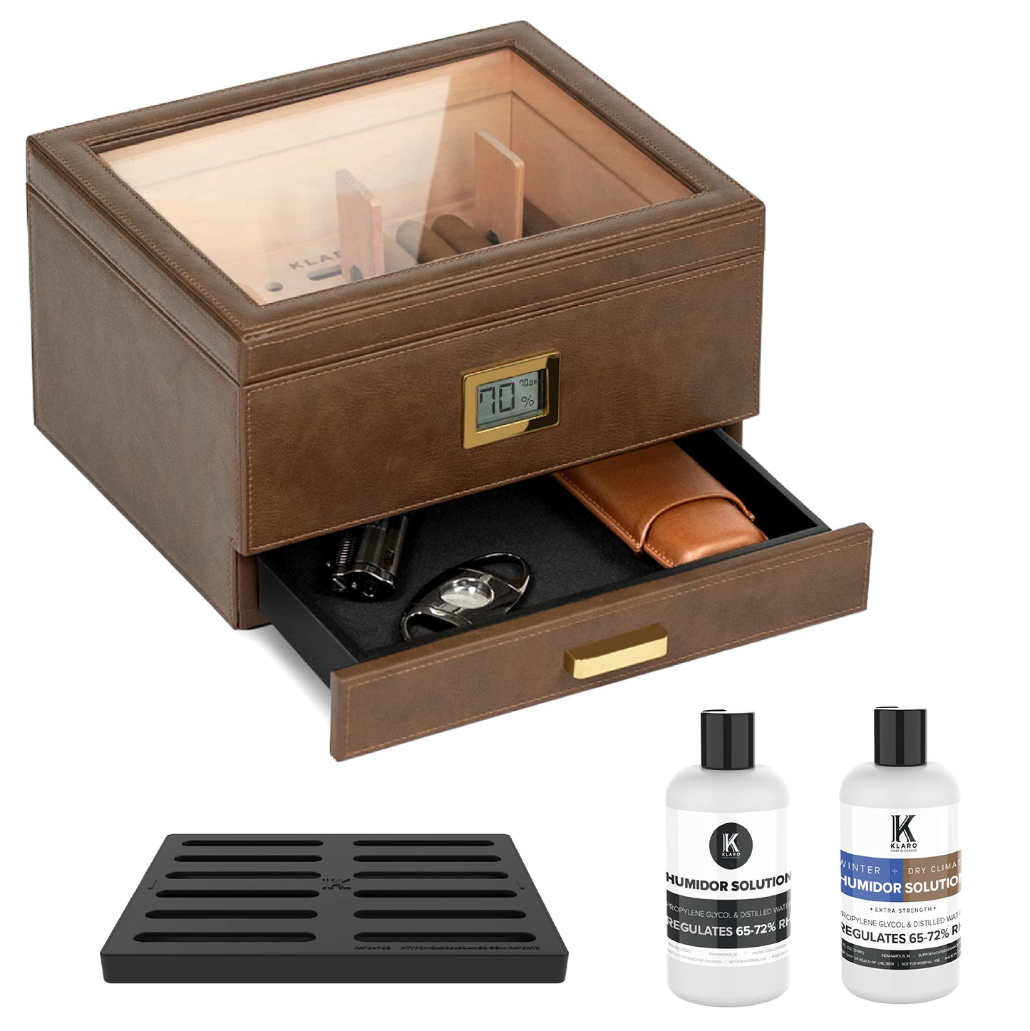 CASE ELEGANCE Belmont Glass Top Humidor Easy Humidification System, Thick Cedar, Accurate Digital Hygrometer, Leather Wrapped, Brown, Holds 30-60 Cigars