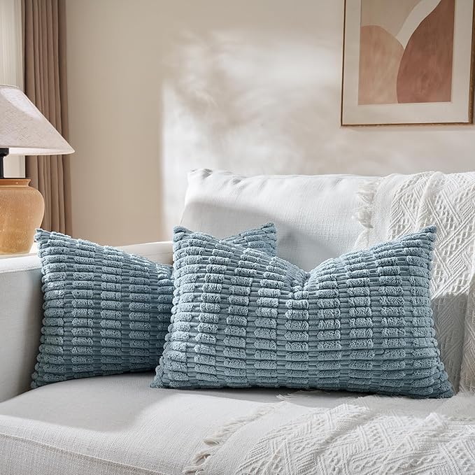 Fancy Homi 1 Pack Boho Light Blue Decorative Throw Pillow Covers 14x24 Inch for Couch Bed Sofa, Rustic Modern Farmhouse Home Decor, Soft Plush Corduroy Cute Rectangle Cushion Case 35x60 cm