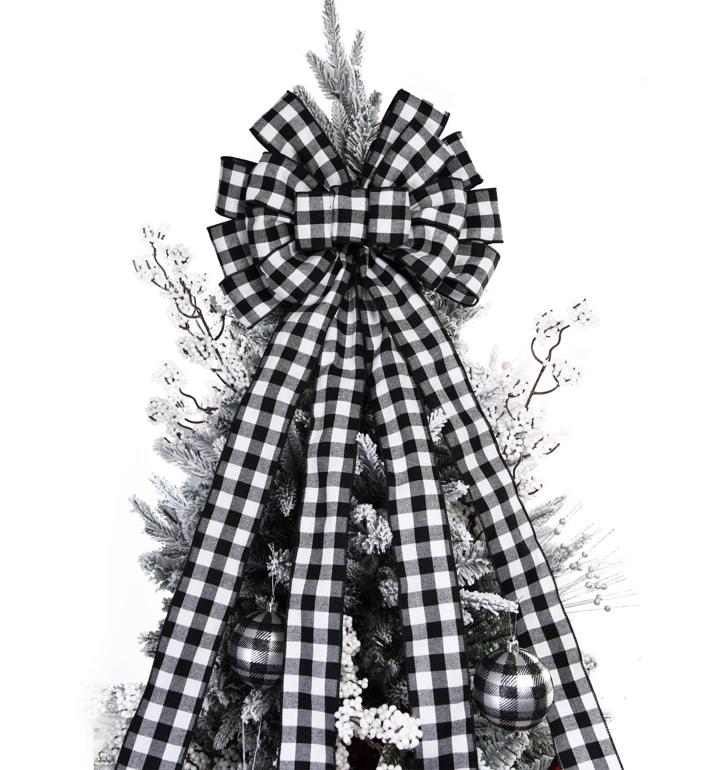 Christmas Checked Tree Topper,48x13 Inches Large Toppers Bow,Black and White Plaid Buffalo Decorative Bows for Christmas Decoration (Black and White Plaid)