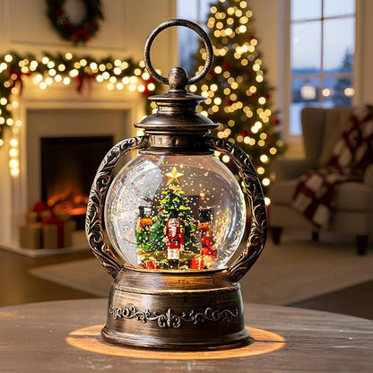 Christmas Snow Globe Lantern Water Glittering Nutcrackers with Music & Timer, USB Lined/Battery Operated Lighted Lantern for Christmas Festival Decoration Gifts