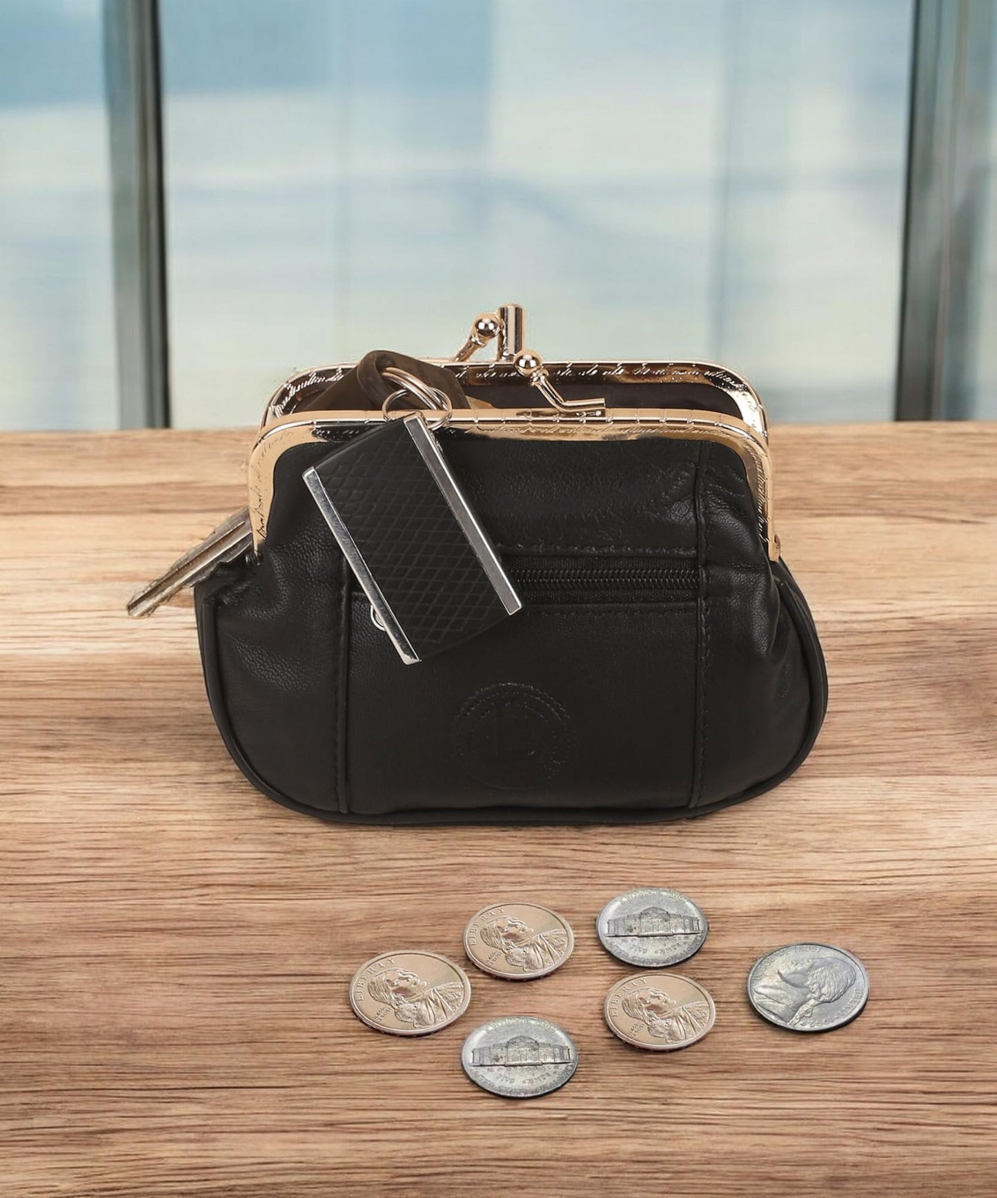 Leatherboss Genuine Leather Large Coin Purse Double Frame Wallet With Zipper Pocket, Black