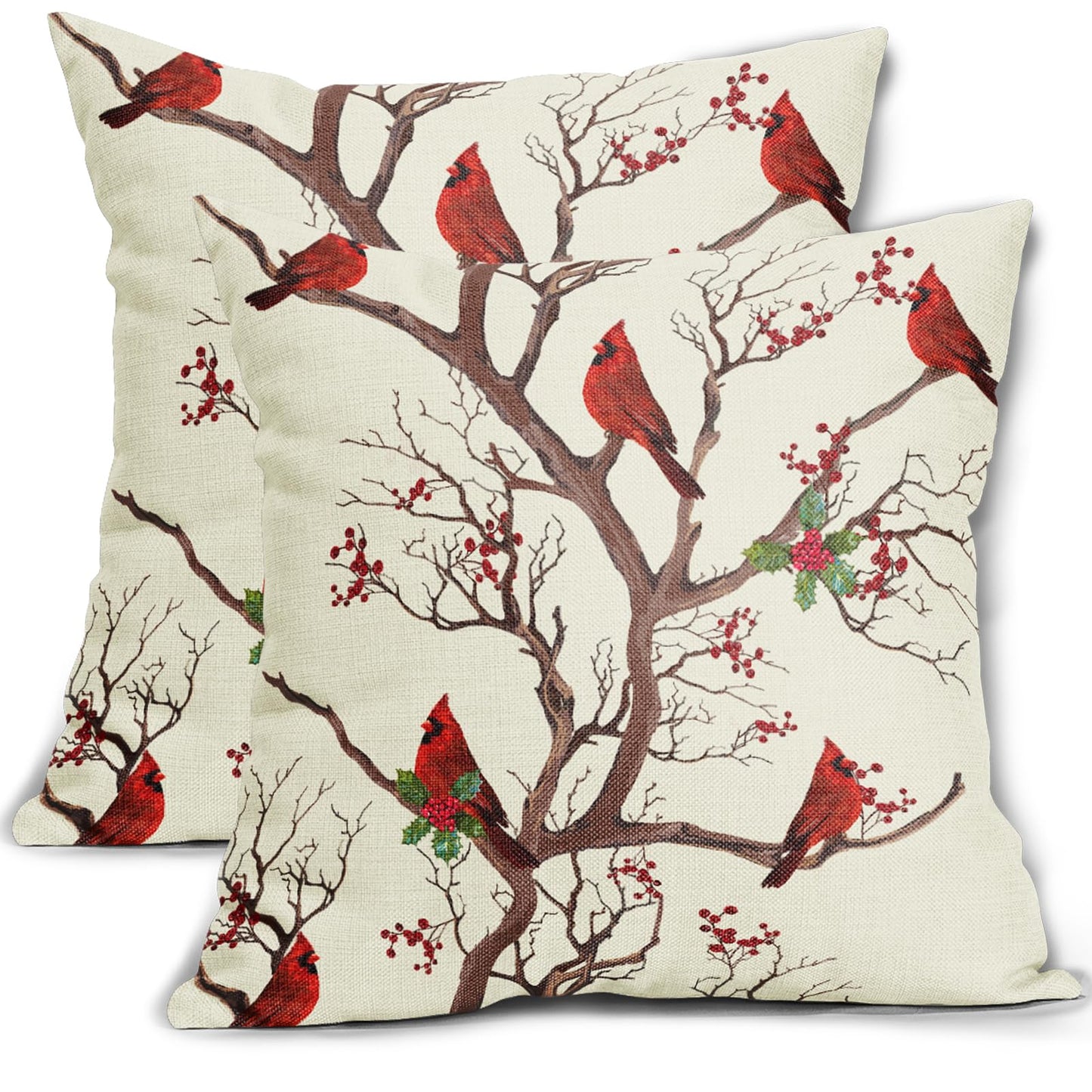Aytipun Red Winter Bird Pillow Covers 18x18 Set of 2 Rustic Christmas Bird Branches Leaf Print Decorative Outdoor Pillowcases Rustic Farmhouse Throw Cushion Case Decor for Couch Sofa Bed