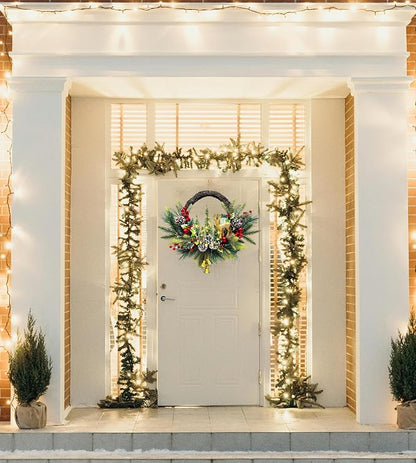 21" Pre-Lit Christmas Wreath for Front Door,Christmas Wreath Decorations with Golden Christmas Reindeer Jingle Bells Pine Cones,Christmas Door Wreath for Home Wall Window Indoor Outdoor Decor