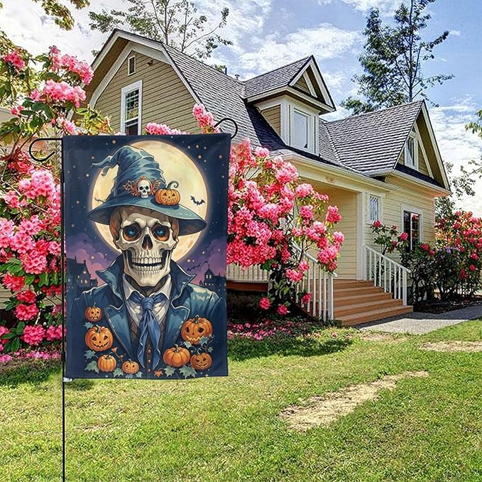 Halloween Skull Pumpkin Garden Flag for Fall Festival Porch Patio Farmhouse Outdoor Yard Decoration Vertical Double Sided Burlap 28 x 40 Inch