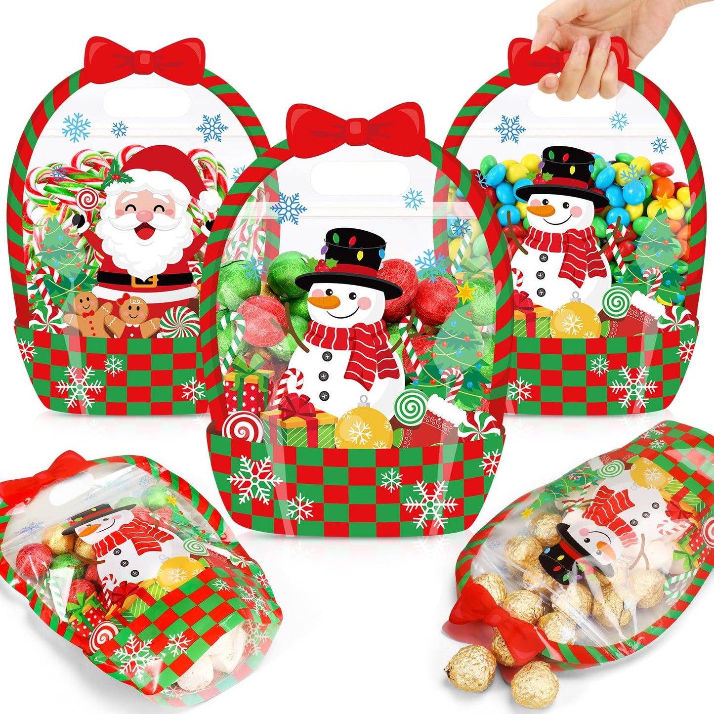 Fuutreo 50 Pcs Christmas Gift Bags Transparent Santa Sealing Pouches with Handles Resealable Merry Christmas Plastic Favor Bags for Holiday Party Candy Gift Wrapping Supplies Decoration(Xmas)
