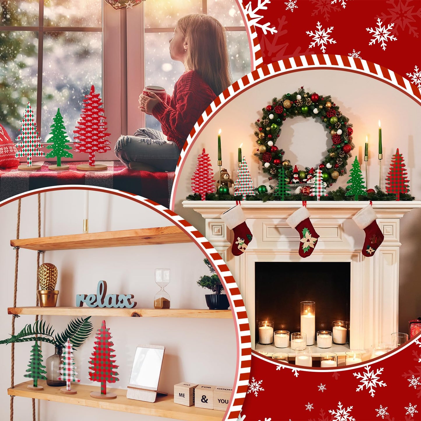 Kigley 6 Pcs Wood Christmas Tree Sign Table Decor 6" 8" 10.5'"red Green Xmas Tree Tabletop Christmas Tiered Tray Centerpieces Xmas Gift for Home Mantel Shelf Office Party Windowsill Decoration