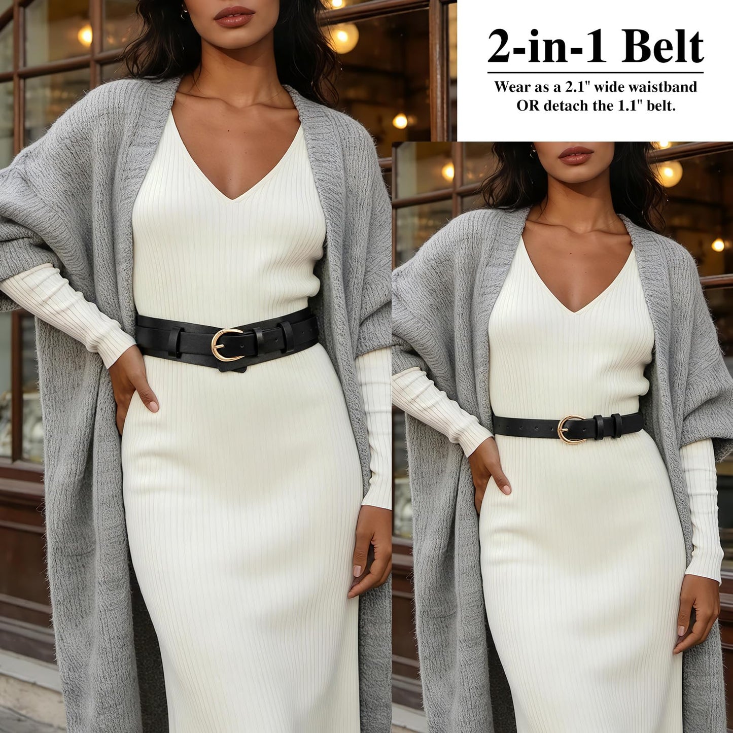SANSTHS Belt for Women 2-in-1 Waistband for Dress Coats Pants, Women Wide Leather Belt with Fashion Buckle, Black S