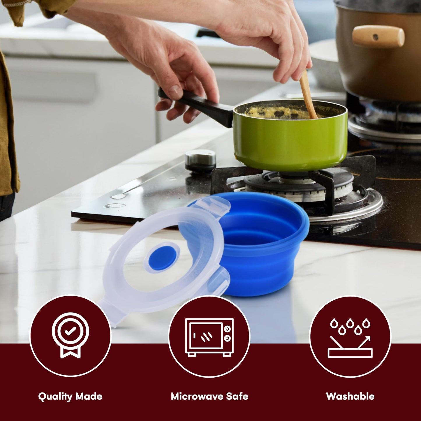 Vdomus Collapsible Food Storage Containers - Leak Proof, Microwave Safe - 40.5oz/1.2L Airtight Silicone Food Containers - Meal Prep Collapsible Bowls with Lids - Set of 3 - Green