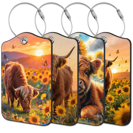 4 Pack Luggage Tags, Highland Cow and Sunflower Field Luggage Tags for Suitcases PU Leather Suitcase Tags with Privacy Cover ID Label and Stainless Steel Loop for Travel Tag for Women Men