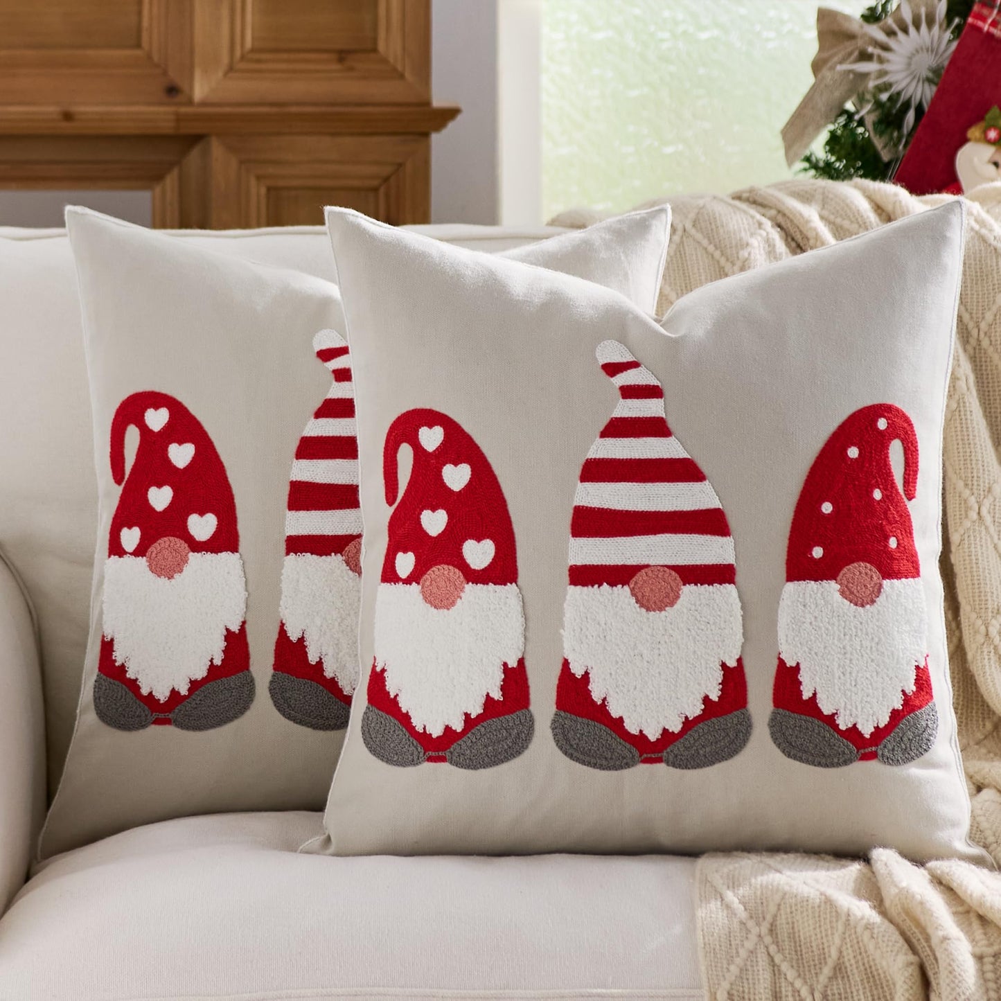 Farmhouse Christmas Pillow Covers 18x18 Set of 2, Xmas Embroidered Throw Cushion Cases with Festive Patterns for Rustic Home Holiday Decor (Gnome Trio Light Grey, 18" x 18" (Pack of 2))