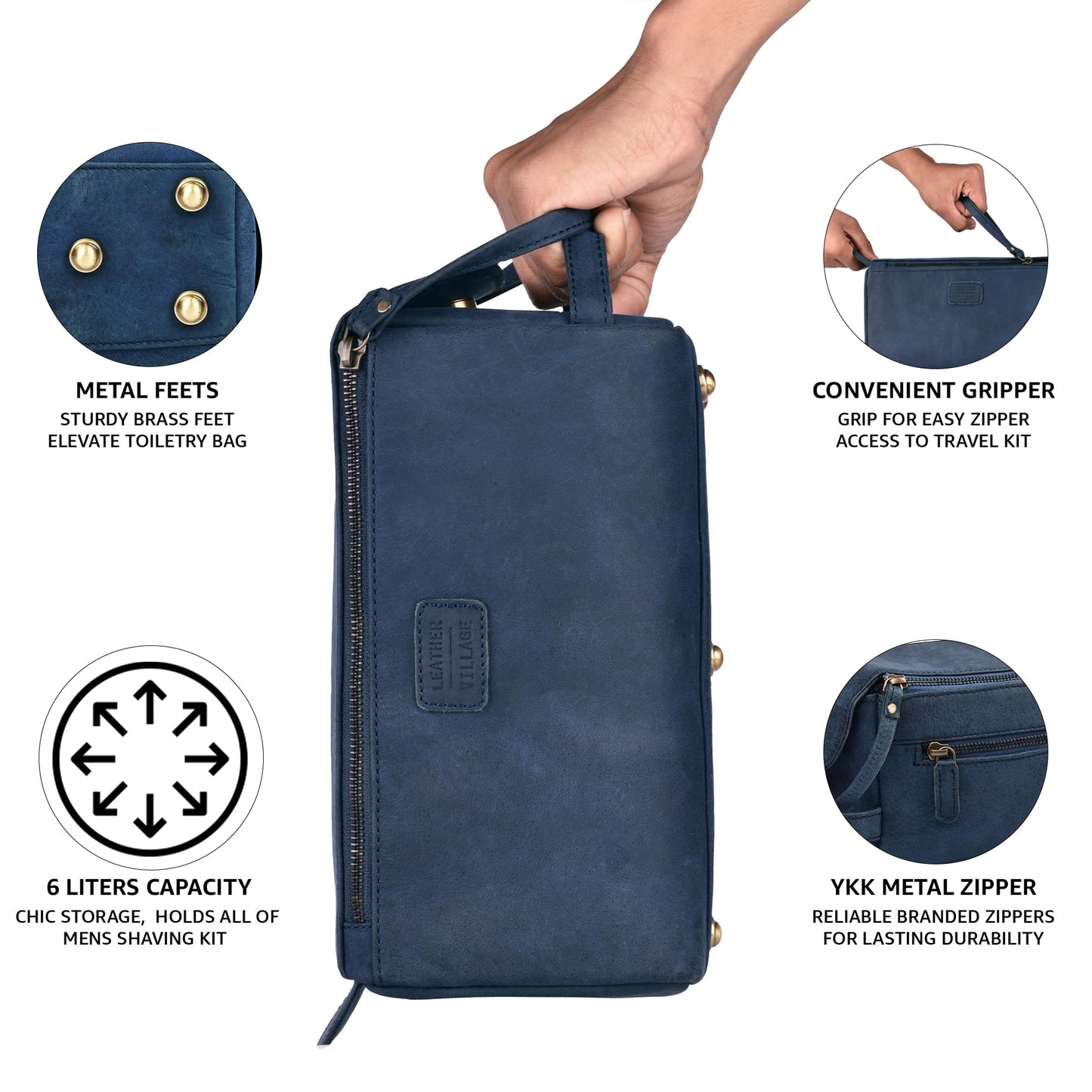 LEATHER VILLAGE Genuine Leather Travel Toiletry Bag - Water-Resistant Dopp Kit for Toiletries, Large Shaving Bag & Bathroom Organizer - Gift for Men & Women - Royal Blue