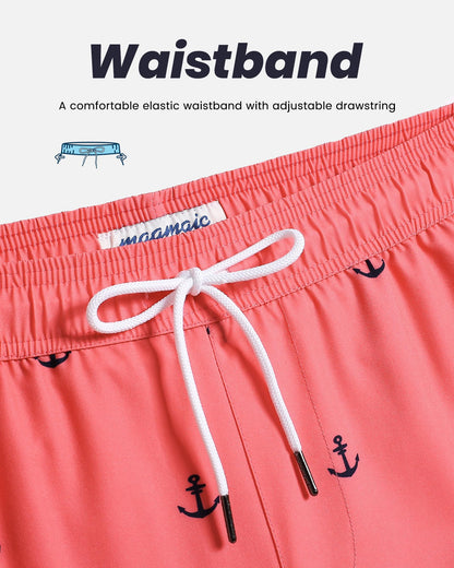 maamgic Mens Swim Trunks with Compression Liner 5 Inch, Quick Dry Bathing Suit with Zipper Pockets, Stretch No-Chafing Swim Shorts, Pink-Anchor X-Small