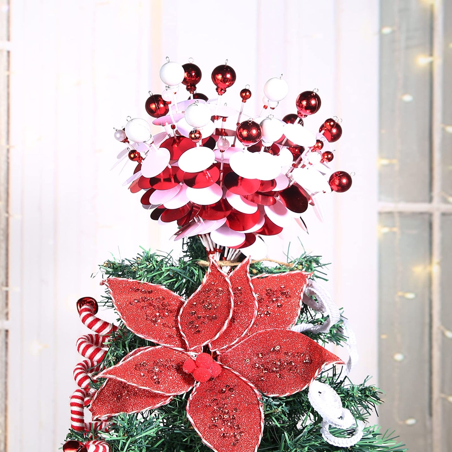 ZHANYIGY 6PC Set 12" H Red White Christmas Ornaments Sequins Ball Pick, Christmas Tree Decorations Christmas Tree Topper Star Home Office Perfect Party Decorations Gifts