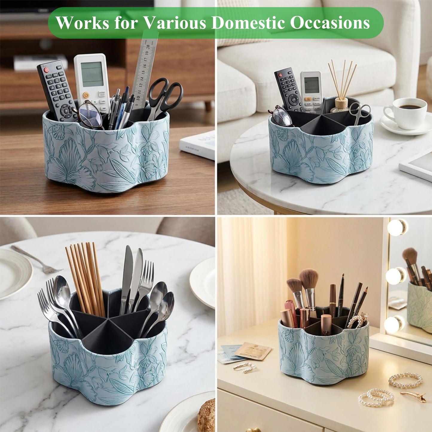 Lvkjafaz Flower Shaped Leather Art Supply Organizer,Remote Control Holder,360 Degree Spinning,Multi-Functional Pencil Holder,5 Compartments Desktop Stationary Organizer(1-Flower Blue)