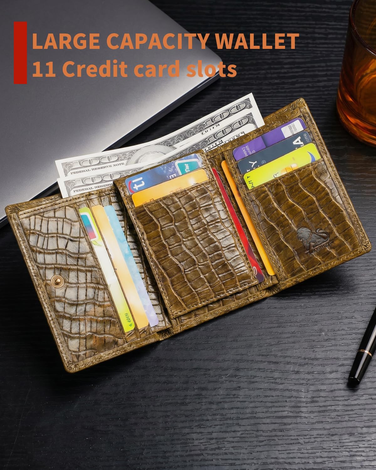 Steel Lion Mens Trifold Wallet Leather RFID Blocking, Crocodile Embossed Slim Wallet with 2 ID Window, 11 Card Slots, Detachable Anti-Theft Chain, Compact Wallet for Business Travel Daily Use (Brown)