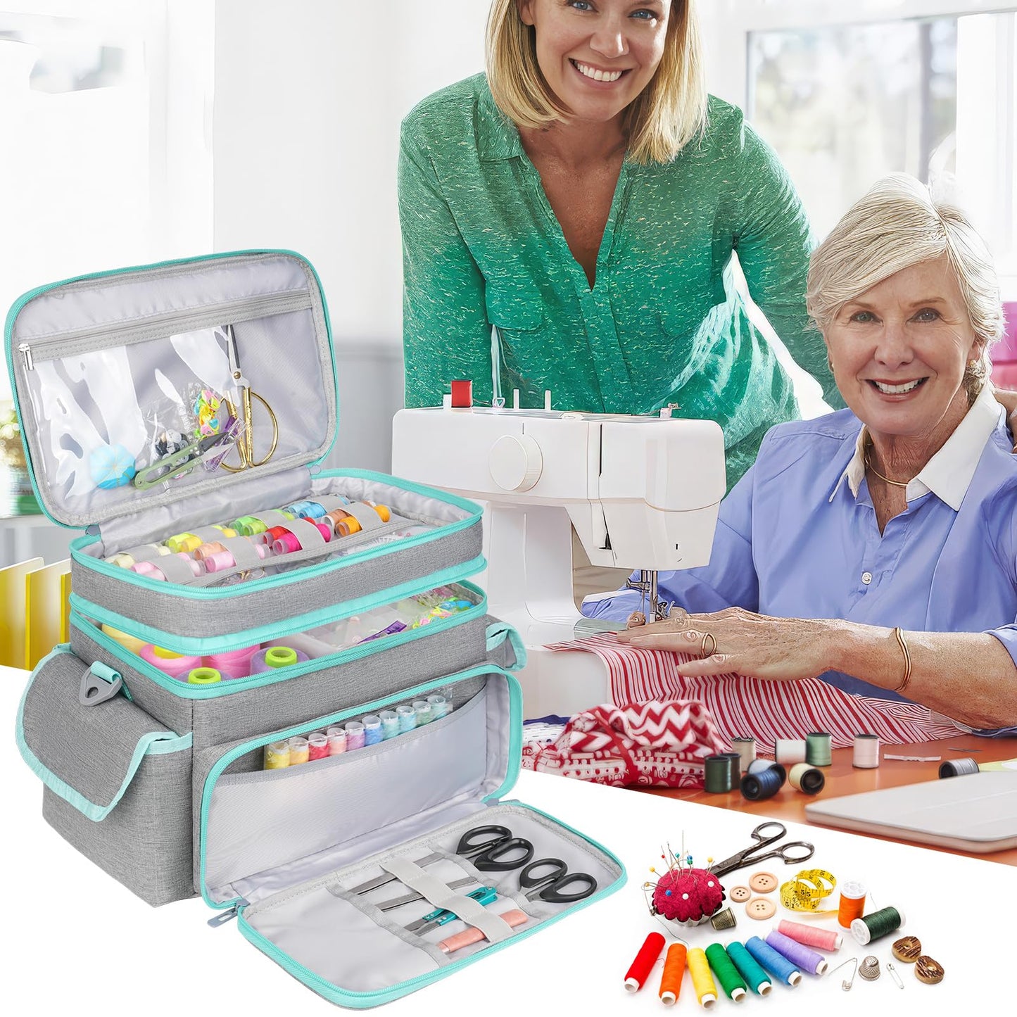 Large Sewing Supplies Organizer,Double-Layer Sewing Accessories Storage and Organizer Case Bag,Protable Travel Sewing Box Sewing Basket for Sewing Tools,Grey(Bag Only)