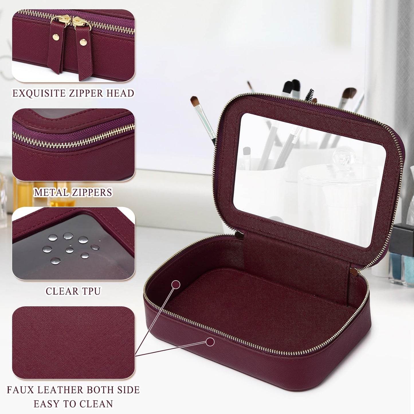 LOFOWN Clear Makeup Bag Small Cosmetic & Toiletry Bag Waterproof Travel Case Women's Pouch Organizer Makeup Bag for Car with Zipper (Burgundy, Small)