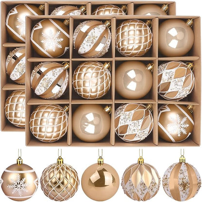 EveryMerry 24-Pack 3.1 Inch Christmas Ornaments Set - Champagne White Ornament Balls with 5 Various Designs with Strings, Sturdy, Kraft Box with Lid for Xmas Tree, Holiday Party & Home Decor