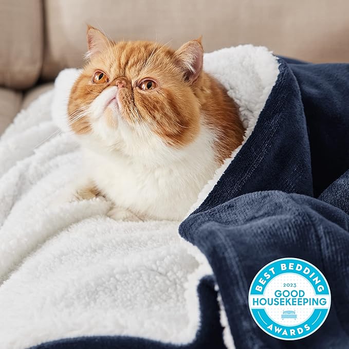 Bedsure GentleSoft Sherpa Fleece Throw Blanket Twin Size for Couch - Thick and Warm Throw for Men, Soft Fuzzy Plush Twin Blanket for Winter, Navy, 60x80 Inches