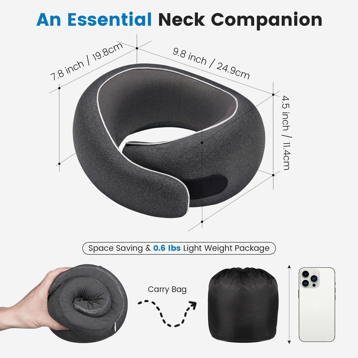 Neck Pillow Airplane,100% Pure Memory FoamTravel Neck Pillow Travel Neck Support Ergonomic &Portable Design Best for Sleeping Plane Car Train Office Flight (Small Grey)