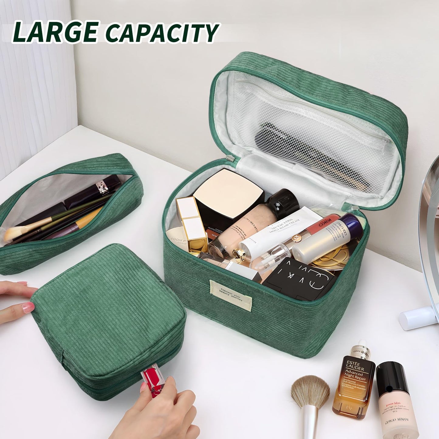 LVWNM 4 Pcs Makeup Bag for Women Corduroy Cosmetic Bag Aesthetic Cute Bags Multi Size Purse Pouch Travel Toiletry Bag Set Makeup Organizer with Zipper(Green)