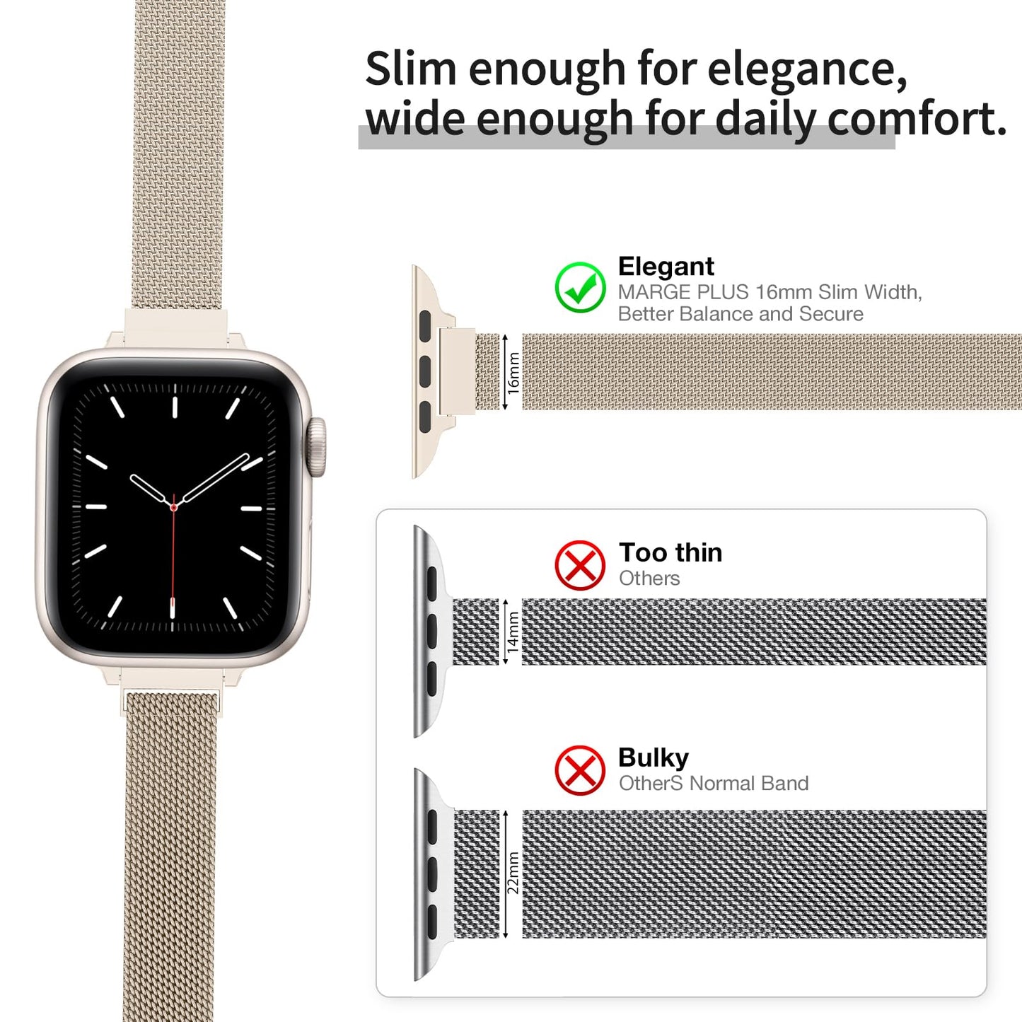 MARGE PLUS Slim Milanese Loop Compatible with Apple Watch Band for women 41mm 40mm 38mm 42mm 46mm 45mm 44mm, Stainless Steel Magnetic Mesh Strap work on iWatch Series 11 10 9 8 7 6 5 4 3 & SE 3 2 1