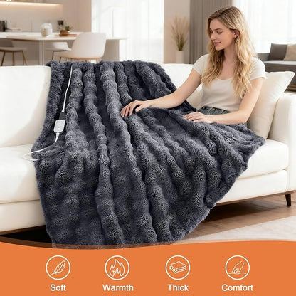 Heated Blanket Electric Throw Blanket 72''X 84''-Heating Blanket with 6 Heat Settings-10 Hours Auto Off,Cozy Faux Rabbit Fur Bubble Electric Blanket,Dark Gray