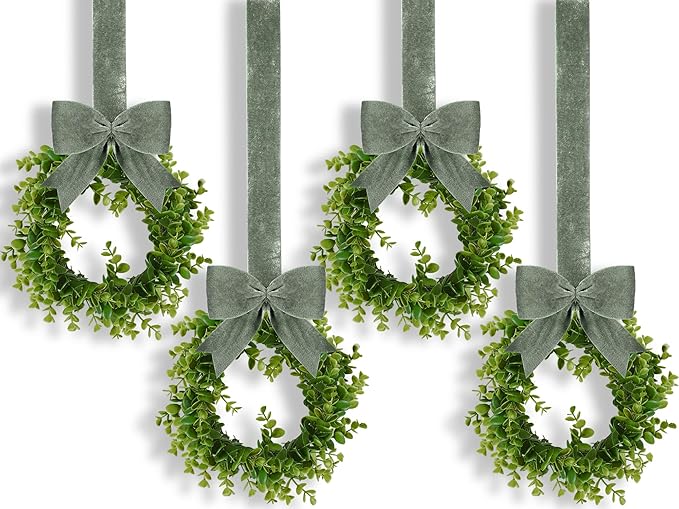 WILLBOND 4 Pcs Christmas Kitchen Cabinet Wreath Boxwood Garland with Ribbon Greenery Garland Hanging Wreaths for Cabinet Wall Window Door Fireplace Party Farmhouse Decor(Green,Velvet)