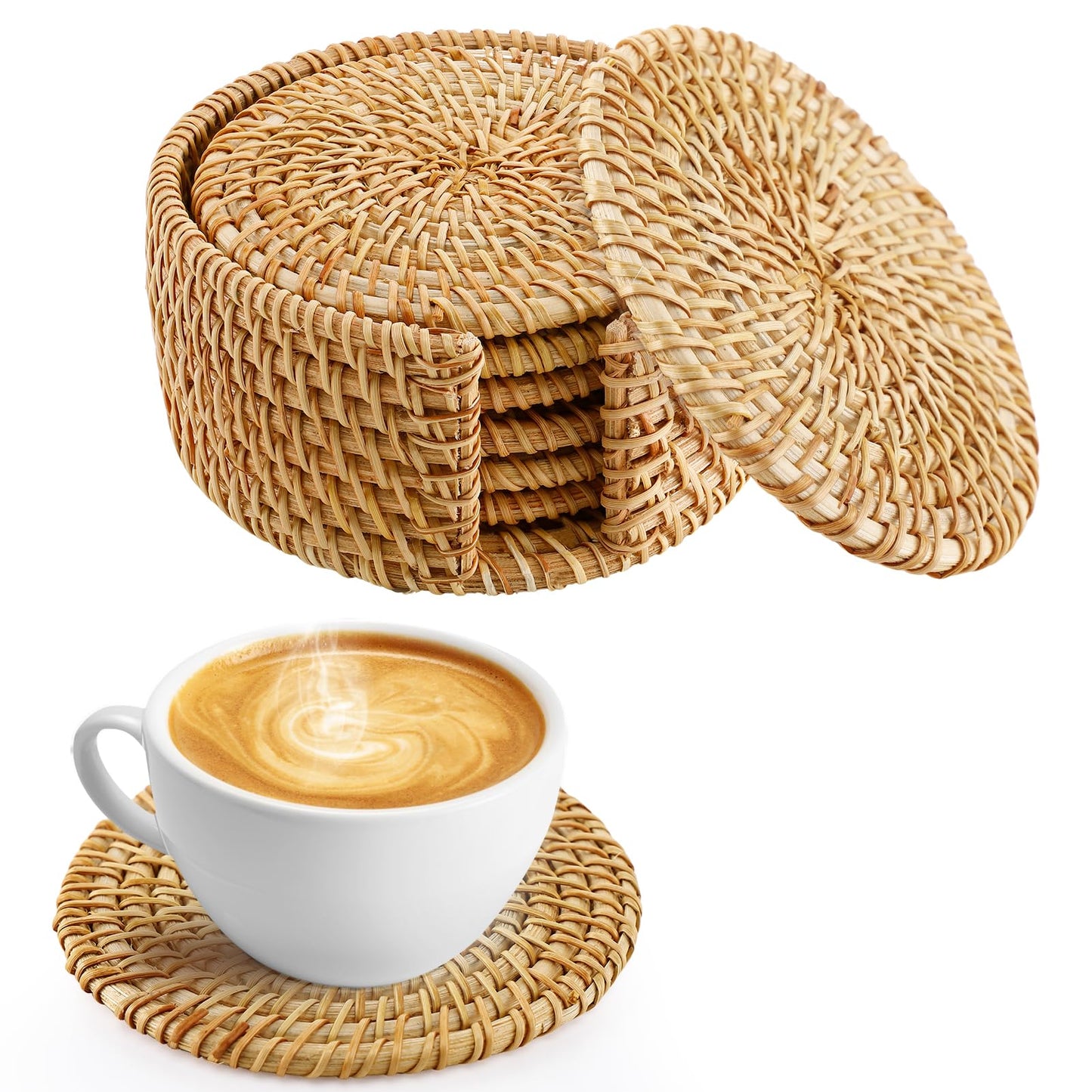 6pcs Natural Handmade Rattan Coasters with Holder - Wicker Drink Coasters Set, Housewarming Gifts Boho Summer Home Coastal Decor