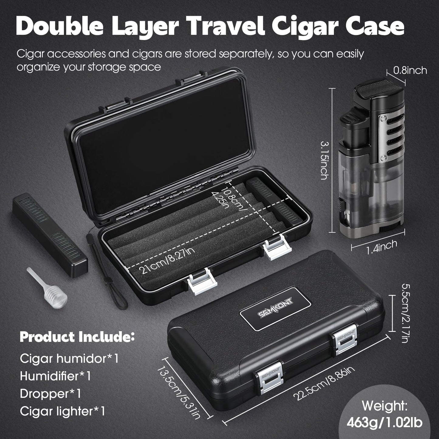 SEMKONT Cigar Humidor, Portable Travel Cigar Box, Double Cigar Humidor with Separate Storage for Cigar Accessories, Cigar Travel Case with Cigar Lighter(No Butane), Holds 5 Cigars (Black)