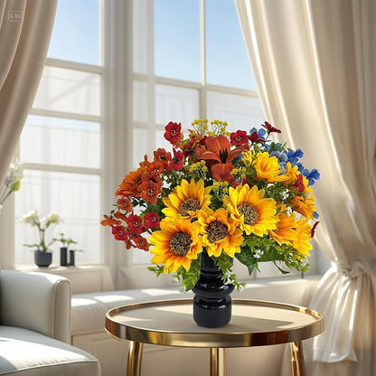 Fall Fake Flowers with Vase, Sunflowers Artificial Flowers, Faux Flowers in Vase for Centerpiece Table Decorations, Fake Plant Silk floral arrangements for Thanksgiving Home Coffee Kitchen Table Decor