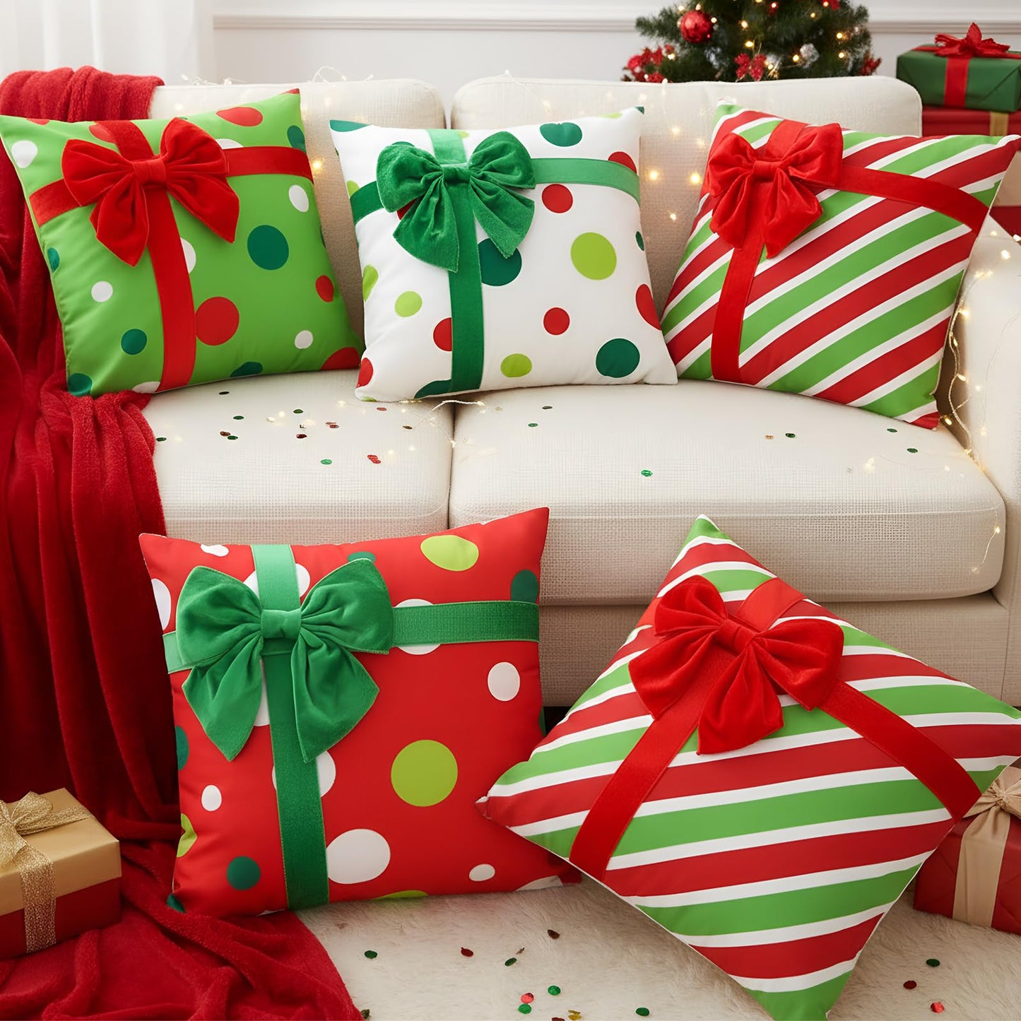 Breling 4 Set Christmas Pillow Covers 3D Bows Gift Box Pillow Cases 18 x 18 Inch Red Green Stripe Dot Xmas Winter Cushion Cases for Christmas Home Chair Bed Sofa Cushion Decor