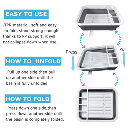 Collapsible Dish Drainer with Drain Plug and Swivel Spout, Space-Saving, Portable Dish Rack for Kitchens, RVs, Campers and Travel Trailers