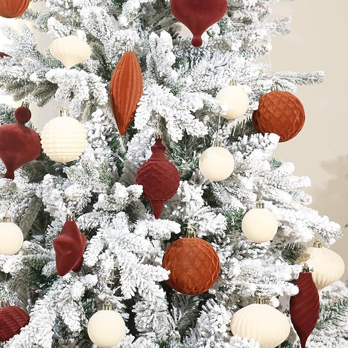 SY Super Bang 30PCS Velvet Christmas Ornaments Set, Flocked Shatterproof Assorted Hanging Xmas Tree Ball Decorations, for Home Party Holiday Decor, Coffee, Beige
