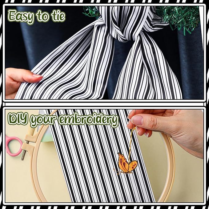 Wreath Sash for Front Door Wreath Satin Sash Blank Sashes Embroidery Monogram Yard Doorway Indoor Outdoor Wall Ribbon Bow Home Decor(Black, White,Stripe)