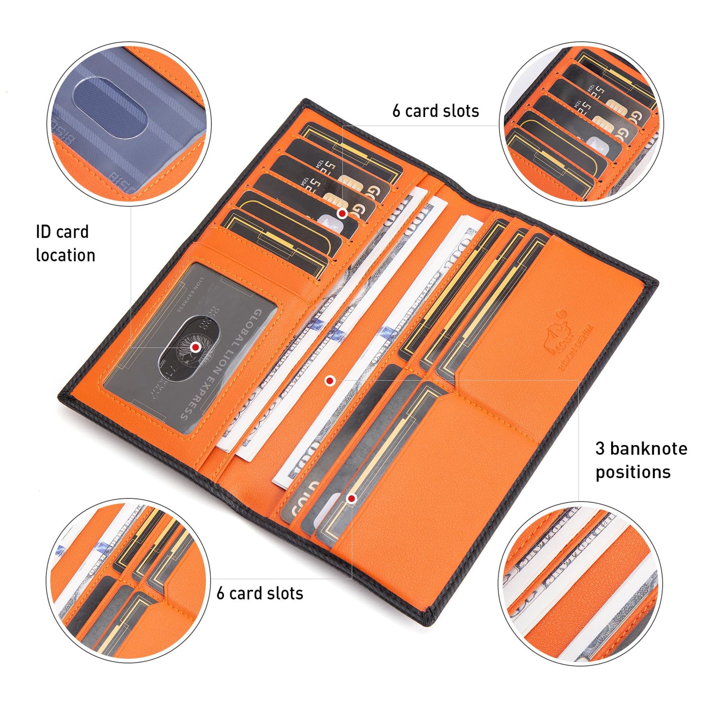 BISON DENIM RFID Bifold Wallets Slim Credit Card Wallet Real Leather Mens Long Wallet with Zipper Coin Pocket (W4470-Orange)