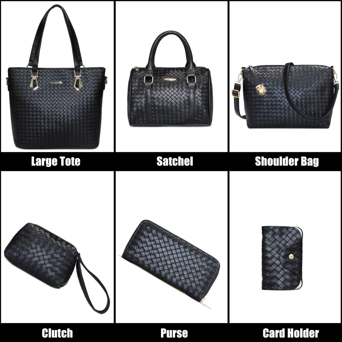 OTMIPIML Purses and Handbags for Women Synthetic Leather Tote Crossbody Bags Satchel Purses Set 6pcs (4A-Black-woven)