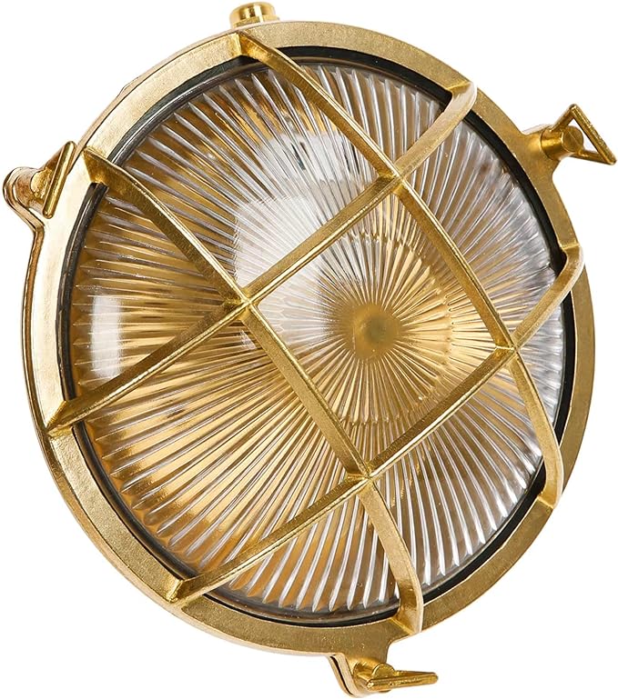Sunluck Brass Bulkhead Light,Grid Round Nautical Wall Light,Lampshade,Ceiling Mount Lighting,Brass Sauna Light Waterproof IP65,Rust Resistant,for Wet Location Bath,Seaside,Ship,Basement,Garage