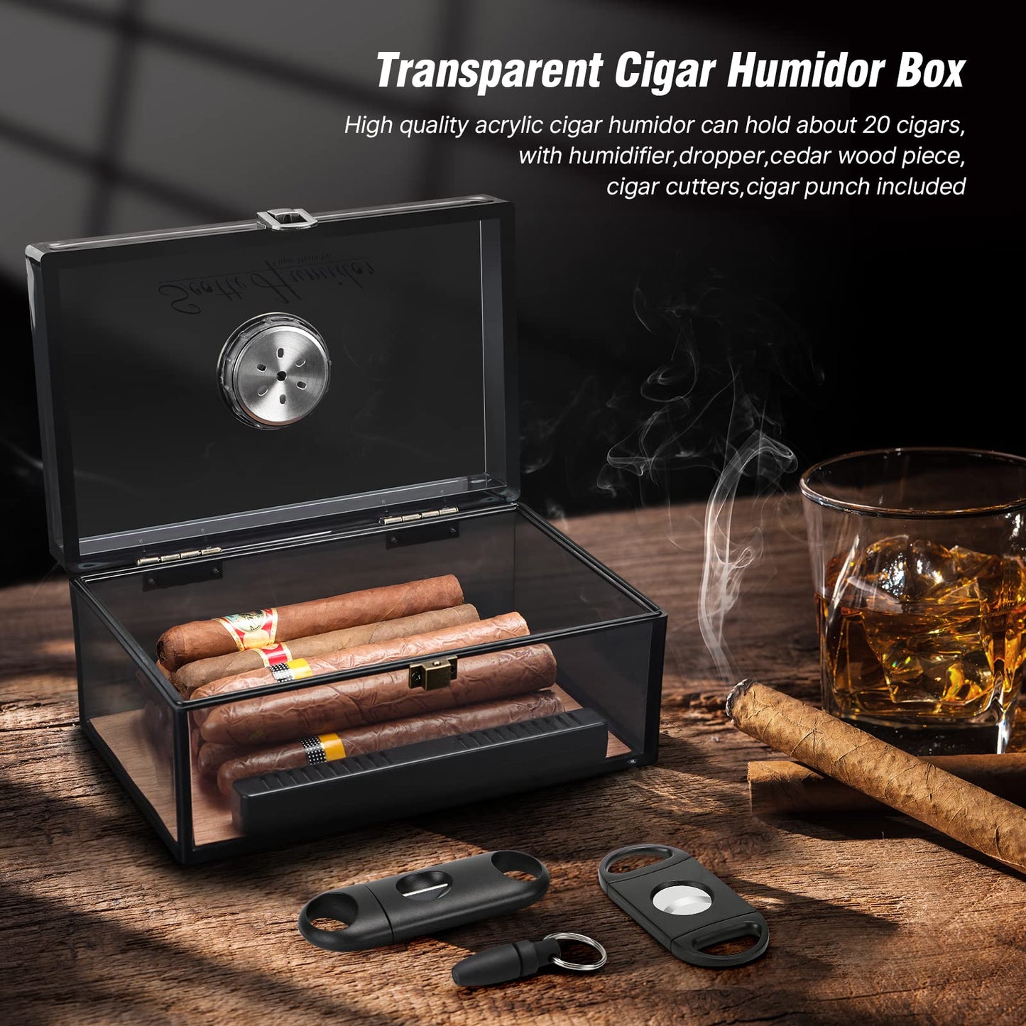 Scotte Acrylic Humidor - Cigar Box With Hygrometer, Humidifier & Accessories (Grey, Holds 20 Cigars)