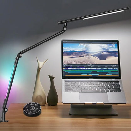 LED Desk Lamp with Clamp, 18W Dual Light Architect Desk Light, Adjustable Swing Arm RGB Light Sensor Switch, Eye-Caring 4 Modes Stepless Dimming Table Lamp for Home Office Reading Study Gaming