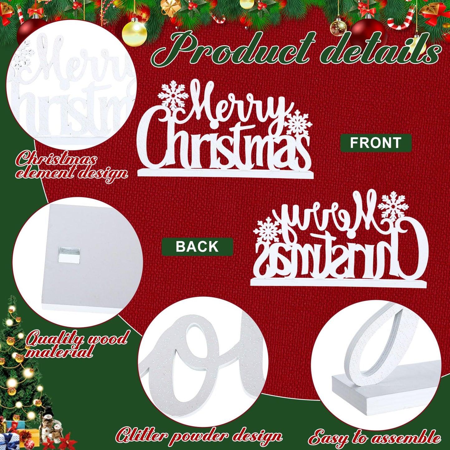 Roowest 4 Pcs Wooden Christmas Table Sign White Merry Christmas Table Decor Elegant Joy Wood Cutout with Glitter Tabletop Believe Peace Words Centerpiece for Mantle Tiered Tray Shelf Xmas Party Decor