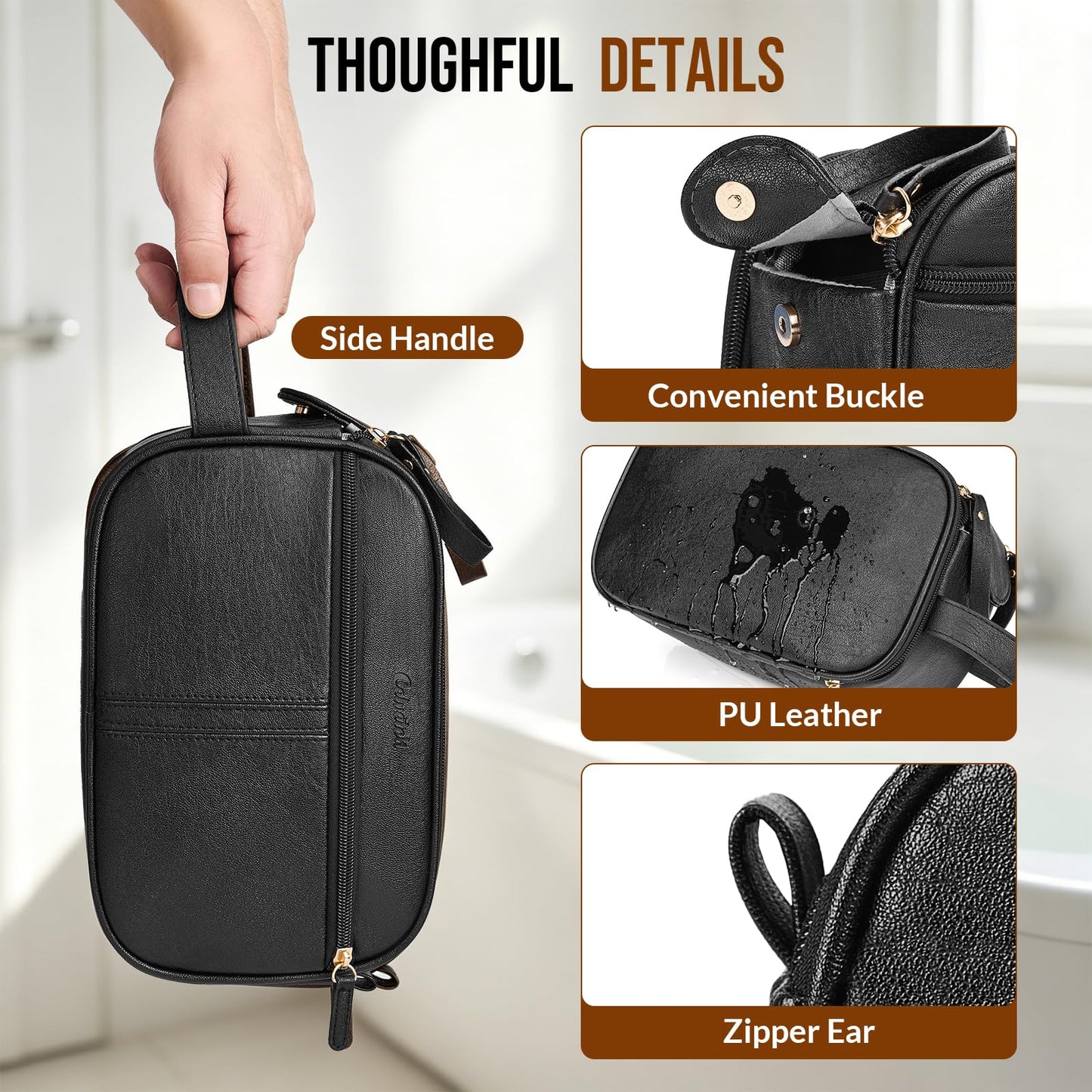 Celvetch PU Leather Toiletry Bag for Men, Water Resistant Travel Toiletry Organizer for grooming, Shaving Bag for Toiletries Accessories, Bathroom Essentials - Black