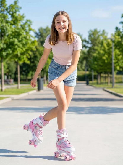 HUANOVIX 4 Sizes Adjustable Kids Roller Skates for Girls Boys Toddlers Youth Teens, 4‑Wheel Quad Skates with All Light Up Wheels, for Indoor Outdoor Sports