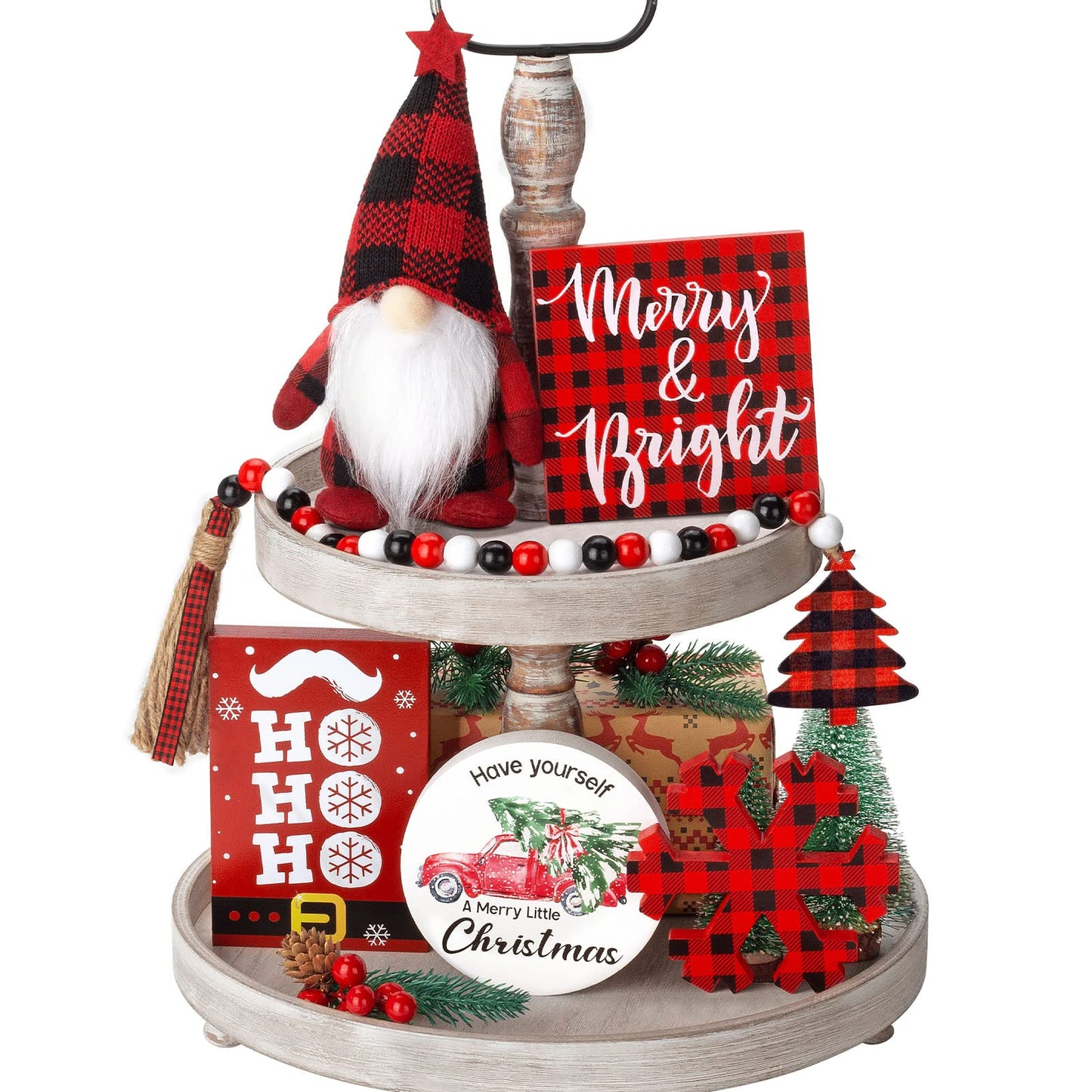 Christmas Tiered Tray Decor 6 PCS Xmas Decorations for Home - Xmas Table Decor Wooden Signs & Buffalo Plaid Gnome Plush Set - Farmhouse Christmas Tray Decoration Kitchen Table Mantel