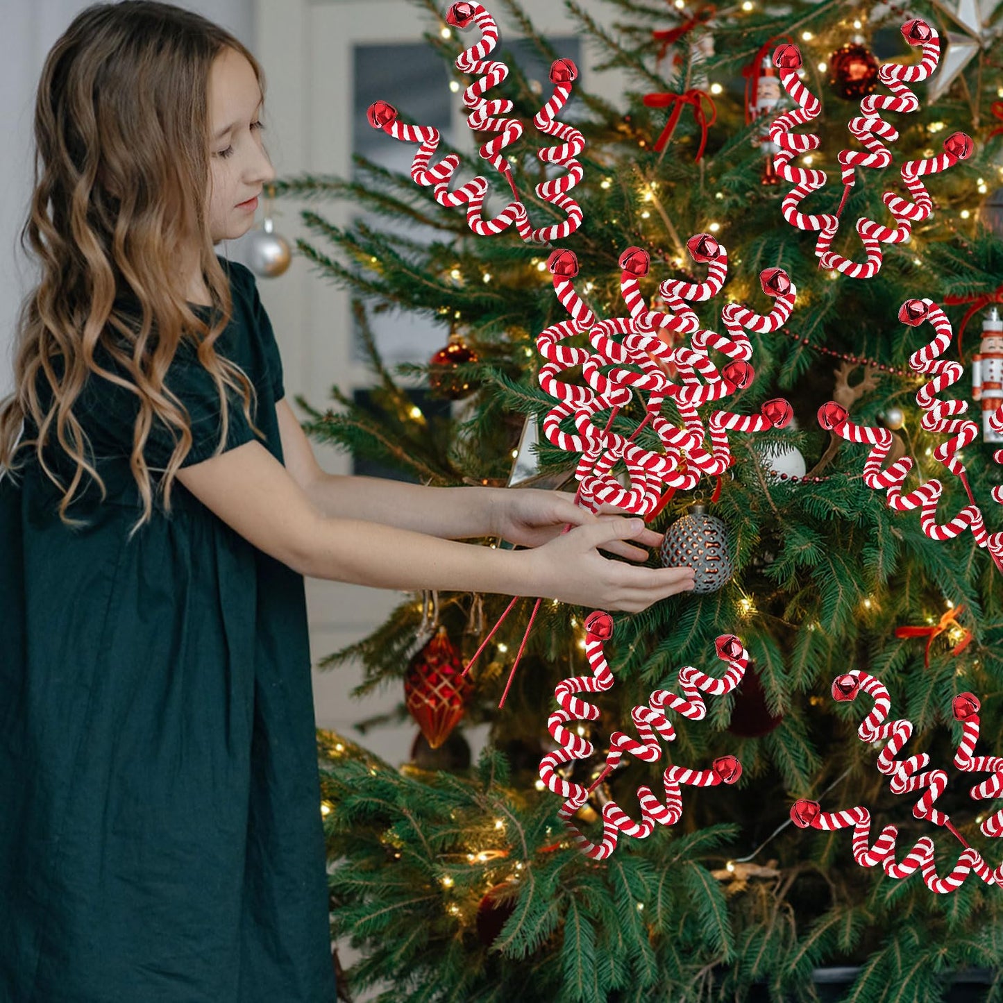 RINOLY 6 Pcs Christmas Tree Topper,17 in Red/White Candy Cane Christmas Decorations, Curly Christmas Tree Picks Gingerbread Tree Picks Candy Cane Ornaments Holiday Decors Vase Filler