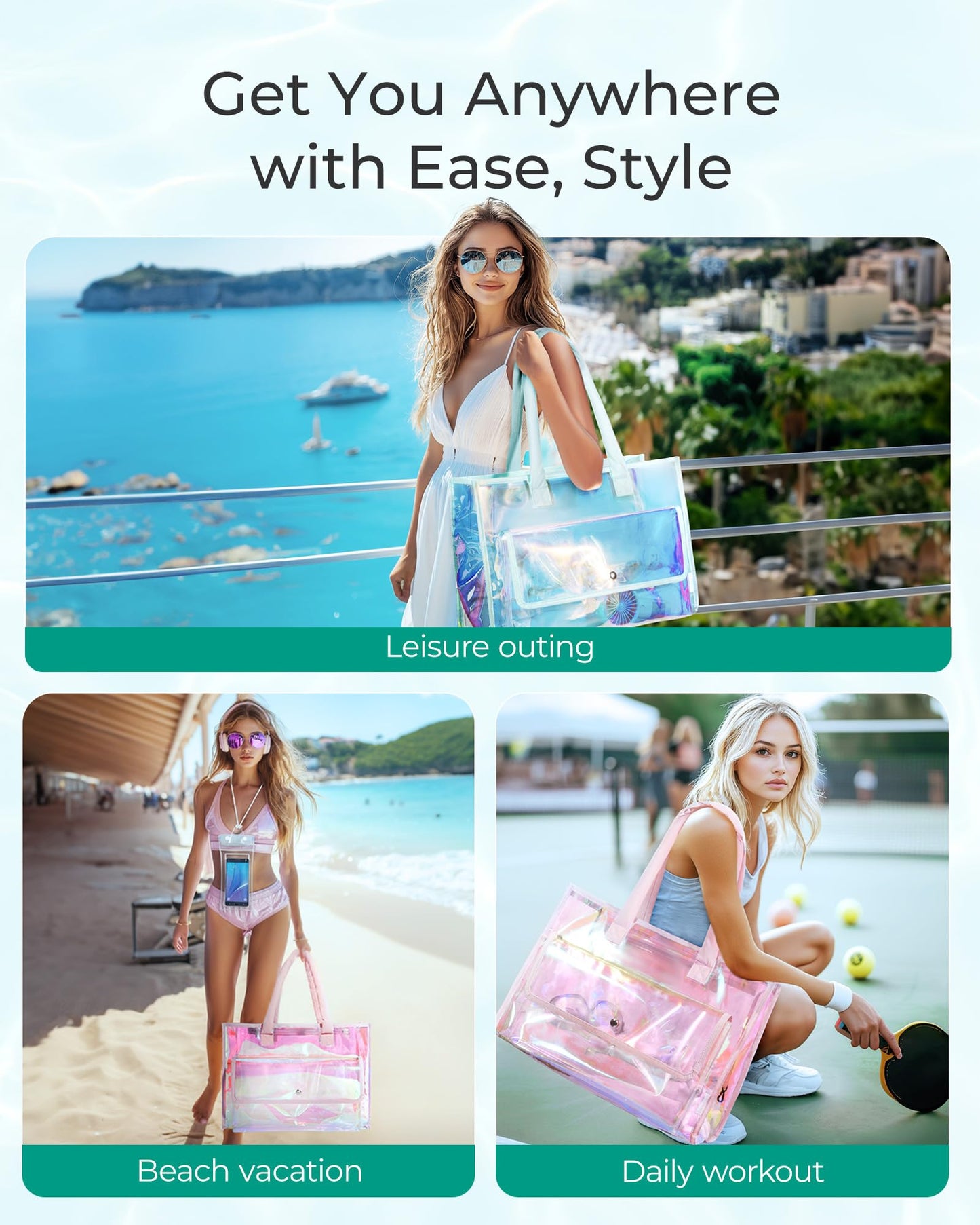 BAGSMART Waterproof Beach Bag for Women with Phone Pouch, Large Tote Bag for Pool, Travel and Vacation