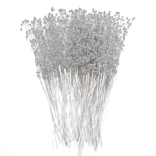 60 Pieces Pearl Stick Stems Bouquets, 4mm Bead String Garland Beaded Spray Filler Floral Arrangements Tree Picks Wedding Party Decoration, Mother's Day Flower Decor, Christmas Tree Picks (Silver)